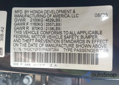 2023 Honda Accord Hybrid Sport из США, поврежденный, VIN 1HGCY2F51PA067264